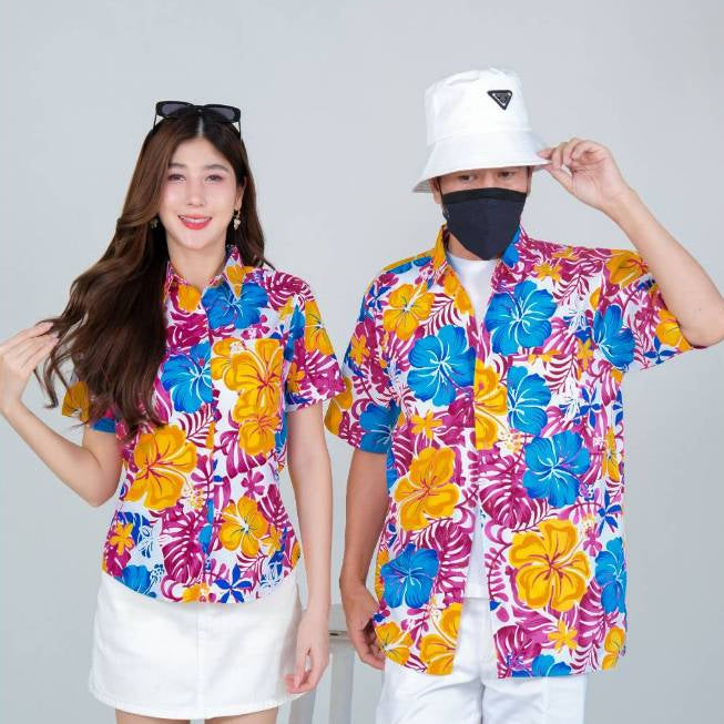 030เสื้อสงกรานต์ลายดอก ผ้าคอตตอน100% สีไม่ตก ผ้าไม่หด