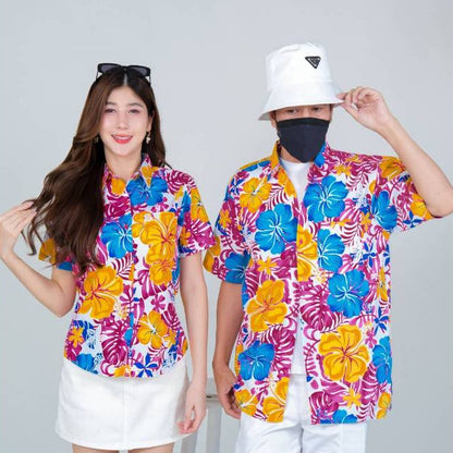 030เสื้อสงกรานต์ลายดอก ผ้าคอตตอน100% สีไม่ตก ผ้าไม่หด