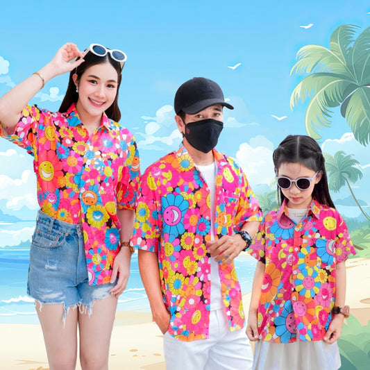 P3136 เสื้อฮาวายลายใหม่2025 ลายยิ้ม ทรงวัยรุ่น หญิงชายใส่ได้ ผ้าโพลีพรีเมี่ยม ไซส์เด็ก-ผู้ใหญ่ งานปัาย ลายคมชัด  1ตัว*