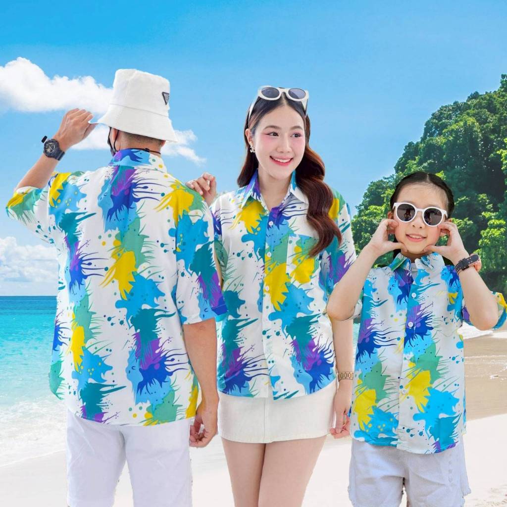 PINK3138 เสื้อฮาวายลายใหม่2025 สาดสี ทรงวัยรุ่น หญิงชายใส่ได้ ผ้าโพลีพรีเมี่ยม ไซส์38-56นิ้ว **1ตัว*