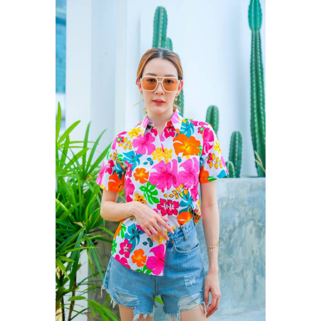 เสื้อสงกรานต์ลายดอก ผ้าคอตตอน100%