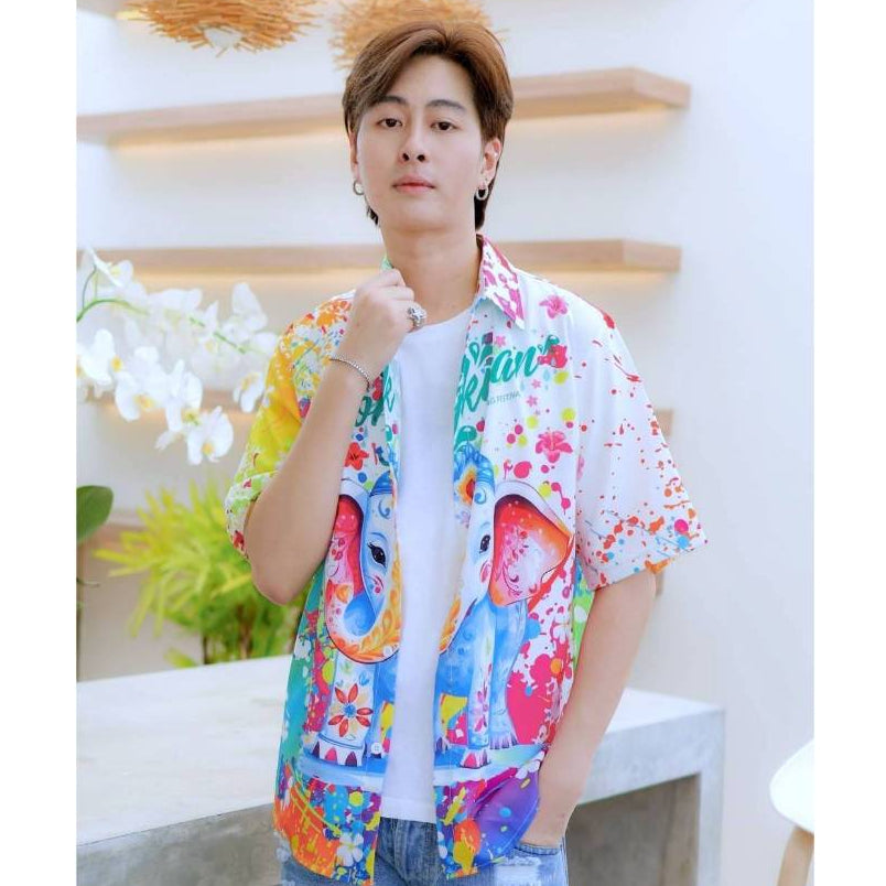 3123 เสื้อฮาวายลายใหม่2025 สาดสีSongkran ทรงวัยรุ่น หญิงชายใส่ได้ ผ้าโพลีพรีเมี่ยมไซส์38-56นิ้ว งานปัาย ลายคมชัด  *1ตัว*