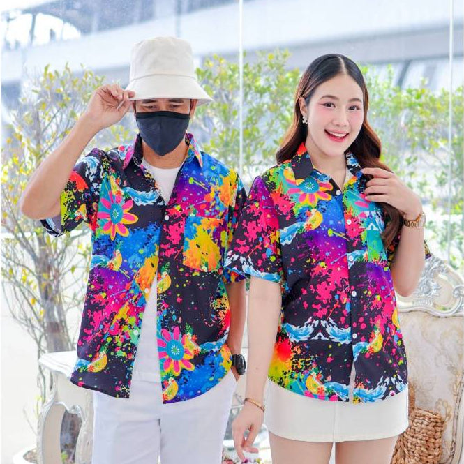 PINKเสื้อฮาวาย2025 สาดสี สีสด ทรงวัยรุ่น ใส่ได้หญิงชาย ผ้าโพลีเอสเตอร์ ใส่สบาย ผ้าไม่ยืดแนะนำเผื่อไซส์