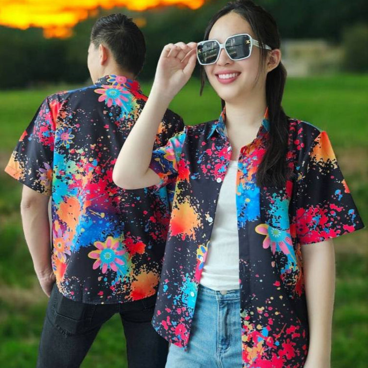 PINKเสื้อฮาวาย2025 สาดสี สีสด ทรงวัยรุ่น ใส่ได้หญิงชาย ผ้าโพลีเอสเตอร์ ใส่สบาย ผ้าไม่ยืดแนะนำเผื่อไซส์