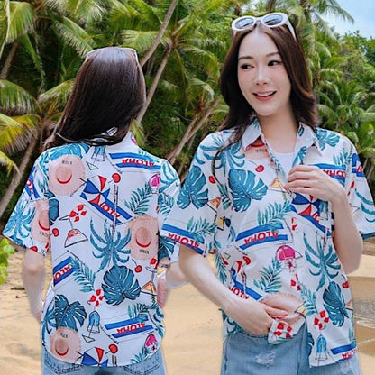 Pink3130 เสื้อฮาวายลายใหม่2025 KTIER ทรงวัยรุ่น หญิงชายใส่ได้ ผ้าโพลีพรีเมี่ยม ไซส์38-56นิ้ว งานปัาย ลายคมชัด  **1ตัว**