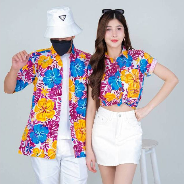 030เสื้อสงกรานต์ลายดอก ผ้าคอตตอน100% สีไม่ตก ผ้าไม่หด