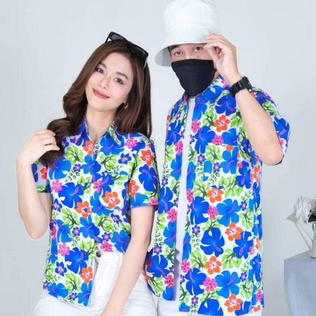 Pink02 เสื้อเชิ้ตลายดอก ผ้าคอตตอน100% สีไม่ตก ผ้าไม่หด มีไซส์หญิงชาย S-6XL งานป้ายKTIERออกแบบเอง*1ตัว*