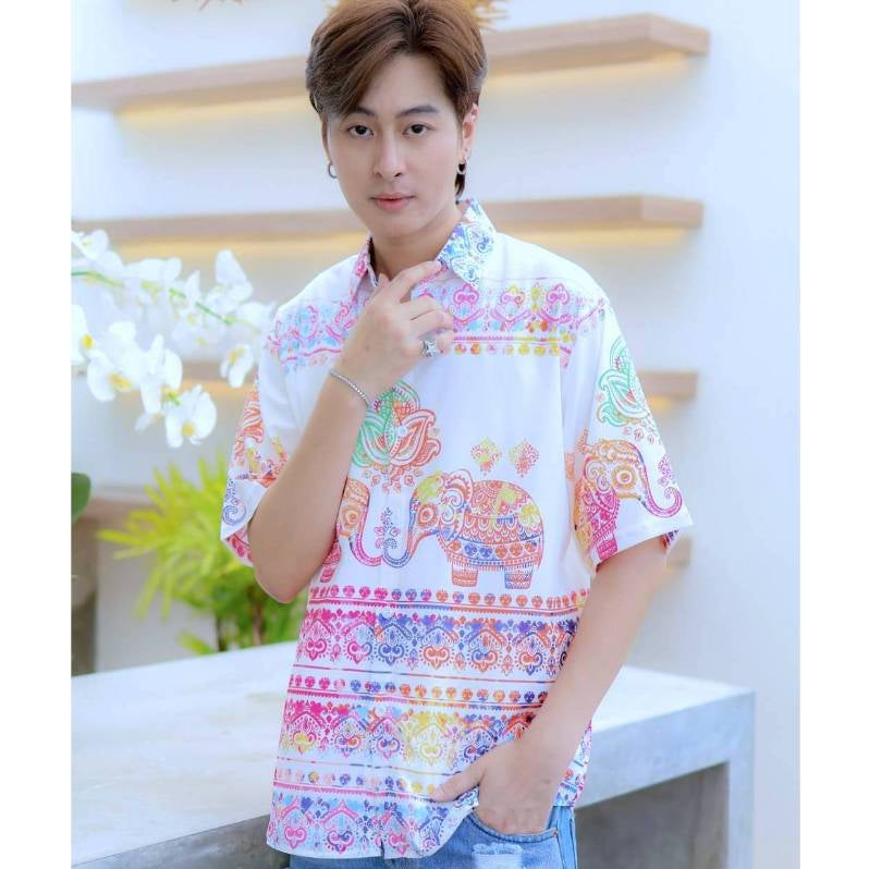 HD025เสื้อฮาวายลายใหม่2025  คลาสสิคThailandทรงวัยรุ่น หญิงชายใส่ได้ ผ้าโพลีพรีเมี่ยมไซส์38-56นิ้ว งานปัาย ลายคมชัด *1ตัว