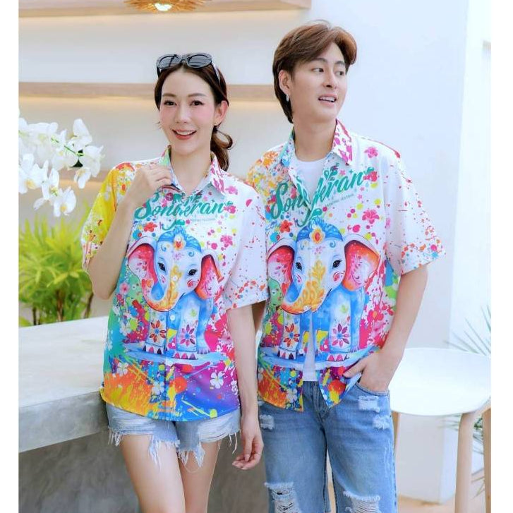 3123 เสื้อฮาวายลายใหม่2025 สาดสีSongkran ทรงวัยรุ่น หญิงชายใส่ได้ ผ้าโพลีพรีเมี่ยมไซส์38-56นิ้ว งานปัาย ลายคมชัด  *1ตัว*