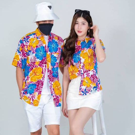 030เสื้อสงกรานต์ลายดอก ผ้าคอตตอน100% สีไม่ตก ผ้าไม่หด