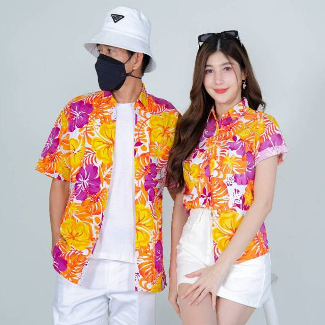 030เสื้อสงกรานต์ลายดอก ผ้าคอตตอน100% สีไม่ตก ผ้าไม่หด