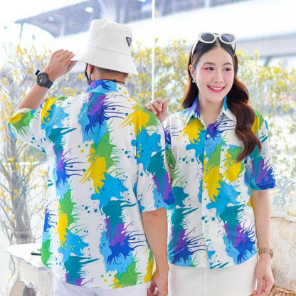 PINKเสื้อฮาวาย2025 สาดสี สีสด ทรงวัยรุ่น ใส่ได้หญิงชาย ผ้าโพลีเอสเตอร์ ใส่สบาย ผ้าไม่ยืดแนะนำเผื่อไซส์
