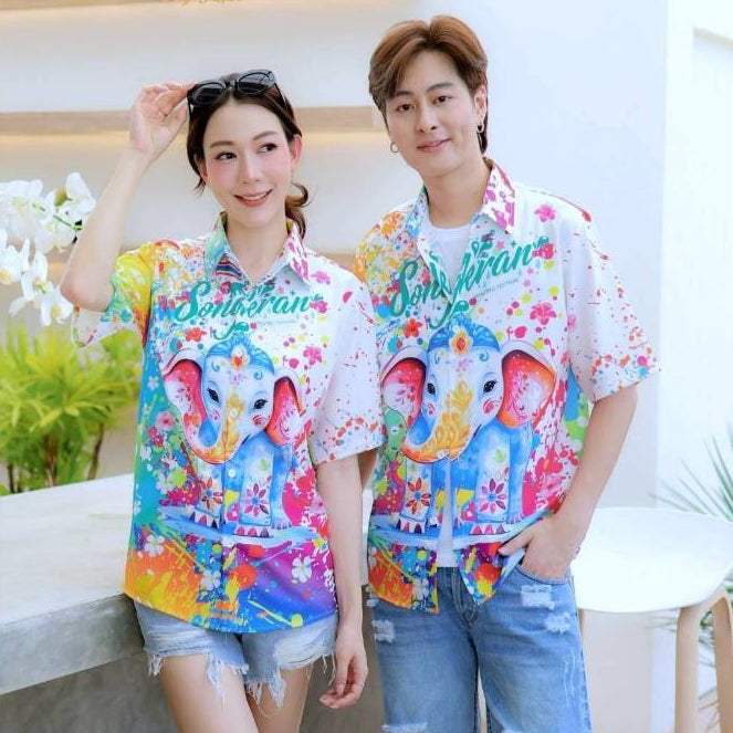 3123 เสื้อฮาวายลายใหม่2025 สาดสีSongkran ทรงวัยรุ่น หญิงชายใส่ได้ ผ้าโพลีพรีเมี่ยมไซส์38-56นิ้ว งานปัาย ลายคมชัด  *1ตัว*