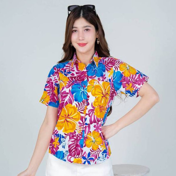 030เสื้อสงกรานต์ลายดอก ผ้าคอตตอน100% สีไม่ตก ผ้าไม่หด