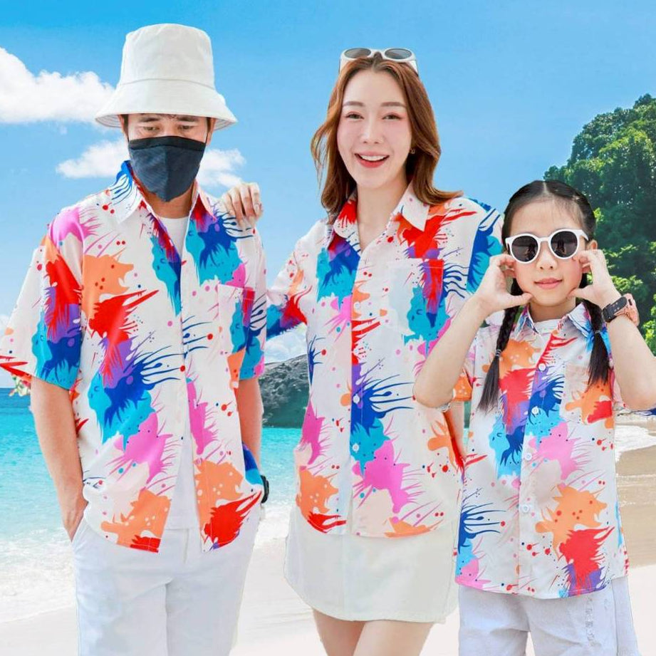 PINK3138 เสื้อฮาวายลายใหม่2025 สาดสี ทรงวัยรุ่น หญิงชายใส่ได้ ผ้าโพลีพรีเมี่ยม ไซส์38-56นิ้ว **1ตัว*