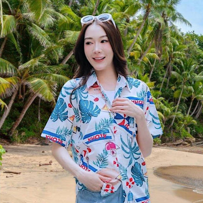 Pink3130 เสื้อฮาวายลายใหม่2025 KTIER ทรงวัยรุ่น หญิงชายใส่ได้ ผ้าโพลีพรีเมี่ยม ไซส์38-56นิ้ว งานปัาย ลายคมชัด  **1ตัว**