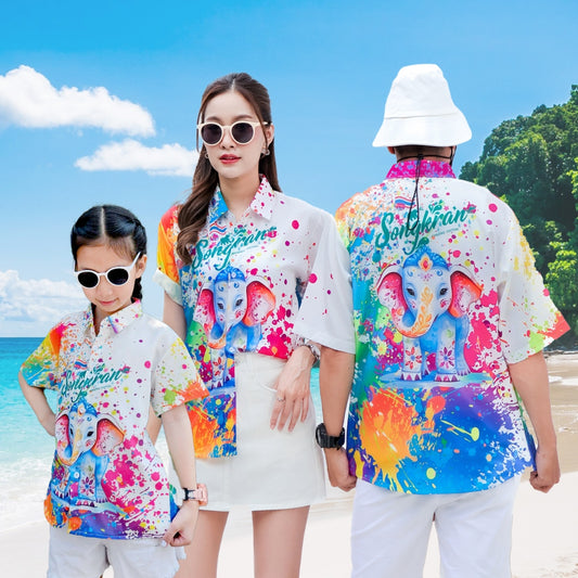 เสื้อฮาวายลายใหม่2025เวอร์ชั่นใหม่ สาดสีSongkran ทรงวัยรุ่น หญิงชายใส่ได้ ผ้าโพลีพรีเมี่ยม ไซส์เด็ก-ผู้ใหงานปัาย *1ตัว*