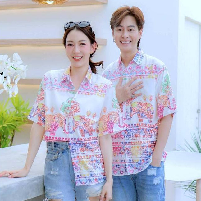 HD025เสื้อฮาวายลายใหม่2025  คลาสสิคThailandทรงวัยรุ่น หญิงชายใส่ได้ ผ้าโพลีพรีเมี่ยมไซส์38-56นิ้ว งานปัาย ลายคมชัด *1ตัว