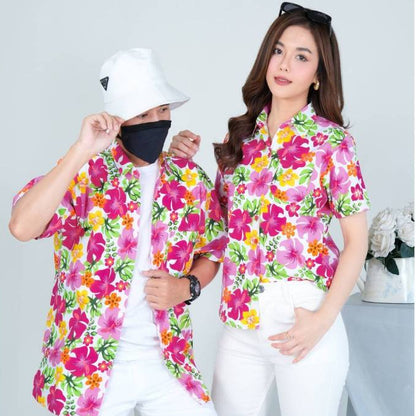 Pink02 เสื้อเชิ้ตลายดอก ผ้าคอตตอน100% สีไม่ตก ผ้าไม่หด มีไซส์หญิงชาย S-6XL งานป้ายKTIERออกแบบเอง*1ตัว*