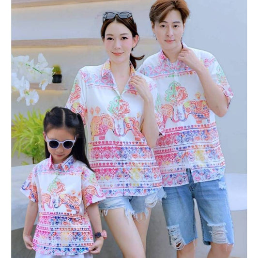HD025เสื้อฮาวายลายใหม่2025  คลาสสิคThailandทรงวัยรุ่น หญิงชายใส่ได้ ผ้าโพลีพรีเมี่ยมไซส์38-56นิ้ว งานปัาย ลายคมชัด *1ตัว