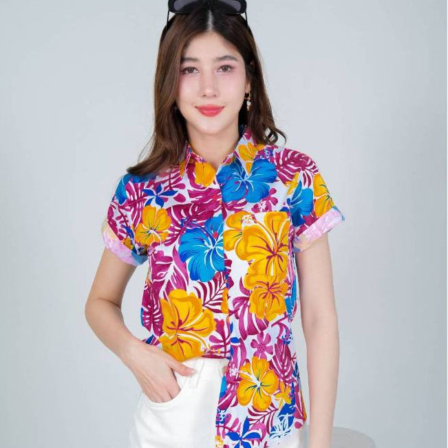 030เสื้อสงกรานต์ลายดอก ผ้าคอตตอน100% สีไม่ตก ผ้าไม่หด