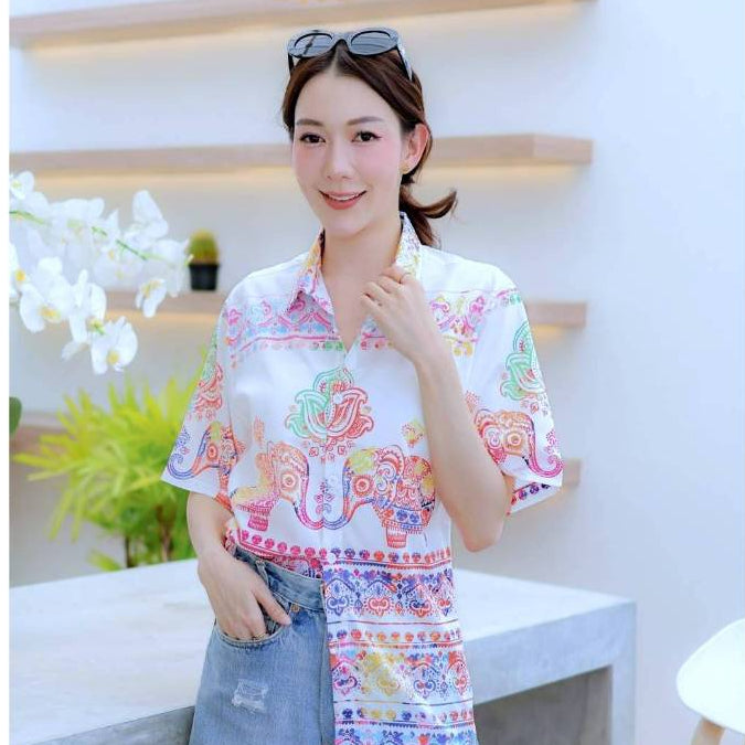 HD025เสื้อฮาวายลายใหม่2025  คลาสสิคThailandทรงวัยรุ่น หญิงชายใส่ได้ ผ้าโพลีพรีเมี่ยมไซส์38-56นิ้ว งานปัาย ลายคมชัด *1ตัว
