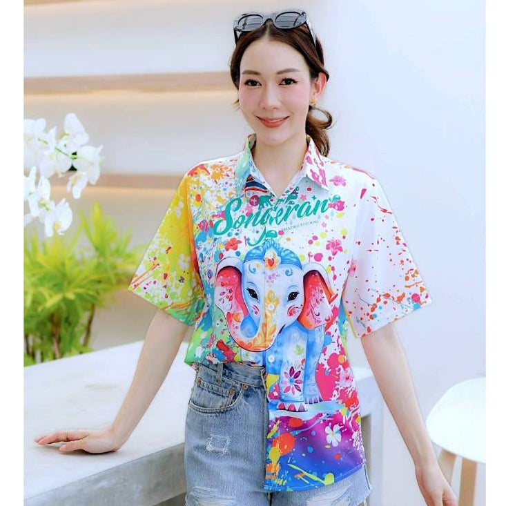 3123 เสื้อฮาวายลายใหม่2025 สาดสีSongkran ทรงวัยรุ่น หญิงชายใส่ได้ ผ้าโพลีพรีเมี่ยมไซส์38-56นิ้ว งานปัาย ลายคมชัด  *1ตัว*