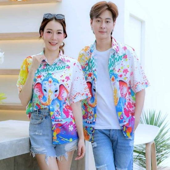 3123 เสื้อฮาวายลายใหม่2025 สาดสีSongkran ทรงวัยรุ่น หญิงชายใส่ได้ ผ้าโพลีพรีเมี่ยมไซส์38-56นิ้ว งานปัาย ลายคมชัด  *1ตัว*