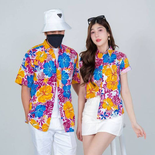 030เสื้อสงกรานต์ลายดอก ผ้าคอตตอน100% สีไม่ตก ผ้าไม่หด