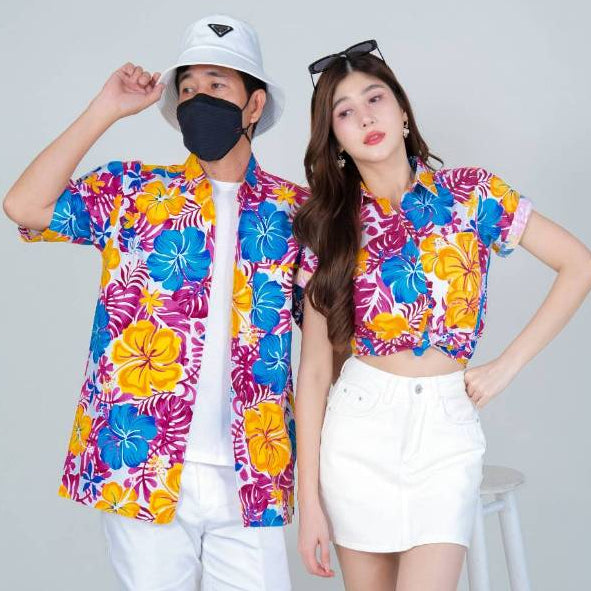 030เสื้อสงกรานต์ลายดอก ผ้าคอตตอน100% สีไม่ตก ผ้าไม่หด
