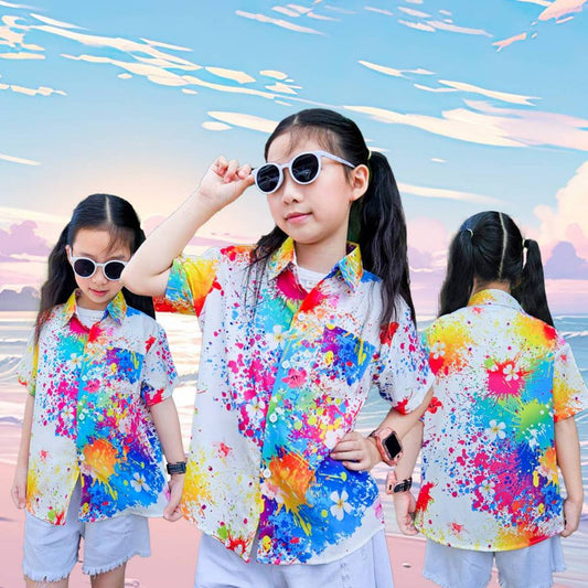 เสื้อเชิ้ตเด็กฮาวาย ลายดอกสดใส ผ้าโพลีเอสเตอ ใส่สบาย