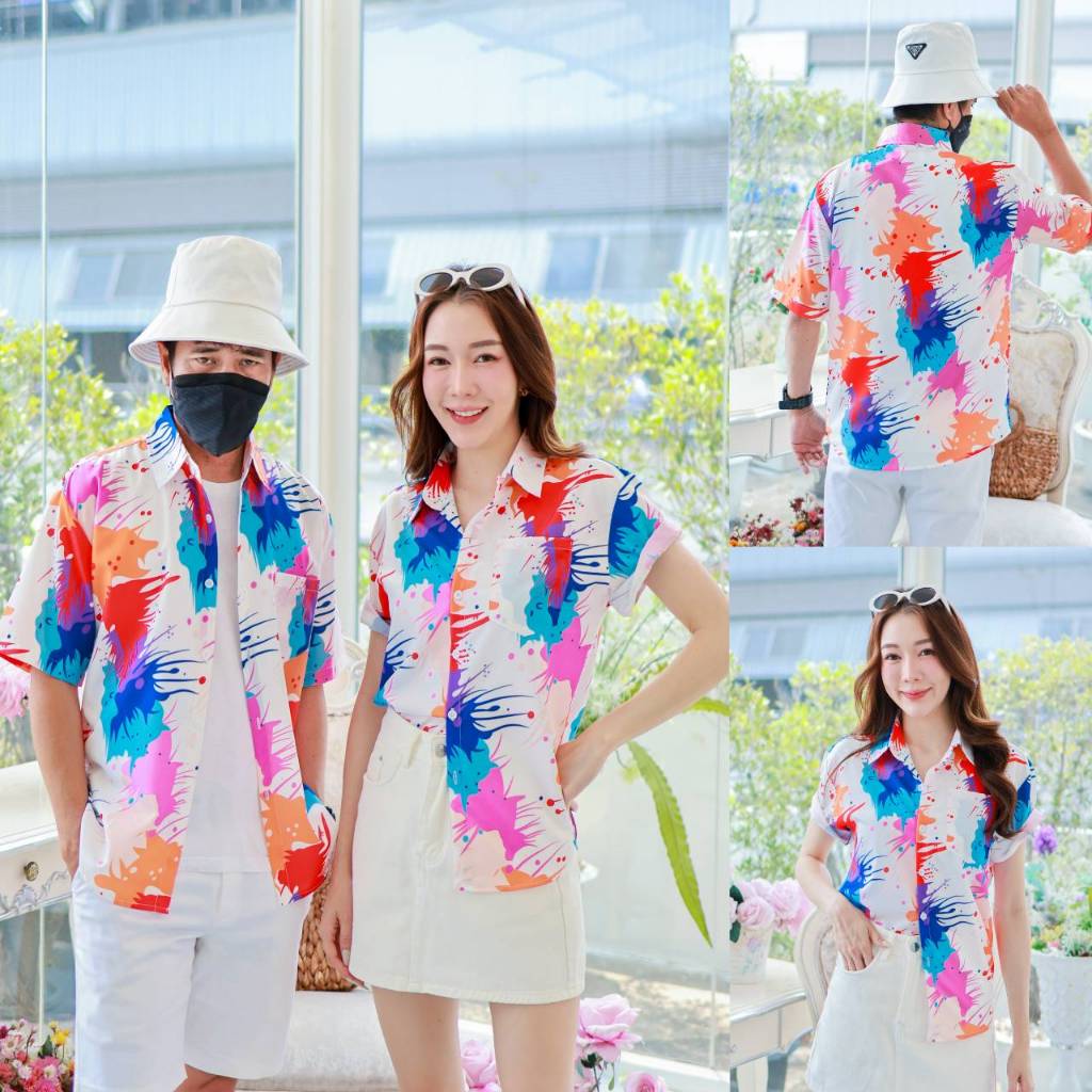 PINKเสื้อฮาวาย2025 สาดสี สีสด ทรงวัยรุ่น ใส่ได้หญิงชาย ผ้าโพลีเอสเตอร์ ใส่สบาย ผ้าไม่ยืดแนะนำเผื่อไซส์