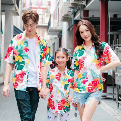 PINKเสื้อฮาวายลายดอก ทรงวัยรุ่น หญิงชายใส่ได้ ผ้าโพลีพรีเมี่ยม ไซส์38-56นิ้ว งานปัาย ลายคมชัด รุ่น3126 **1ตัว**