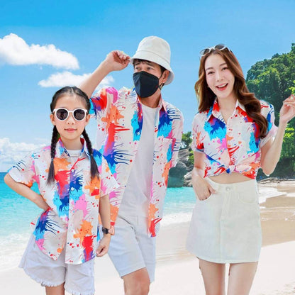 PINK3138 เสื้อฮาวายลายใหม่2025 สาดสี ทรงวัยรุ่น หญิงชายใส่ได้ ผ้าโพลีพรีเมี่ยม ไซส์38-56นิ้ว **1ตัว*