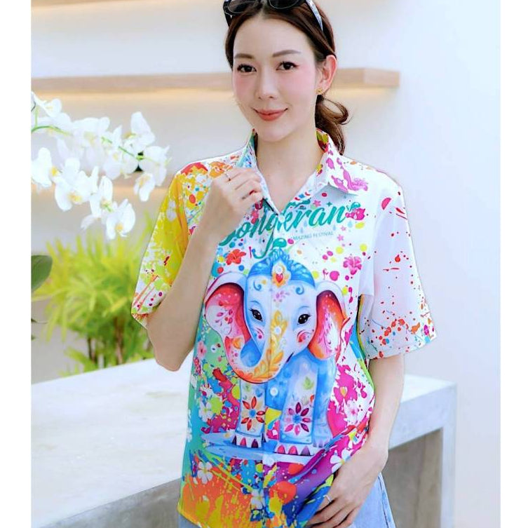 3123 เสื้อฮาวายลายใหม่2025 สาดสีSongkran ทรงวัยรุ่น หญิงชายใส่ได้ ผ้าโพลีพรีเมี่ยมไซส์38-56นิ้ว งานปัาย ลายคมชัด  *1ตัว*