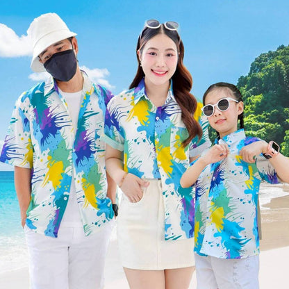 PINK3138 เสื้อฮาวายลายใหม่2025 สาดสี ทรงวัยรุ่น หญิงชายใส่ได้ ผ้าโพลีพรีเมี่ยม ไซส์38-56นิ้ว **1ตัว*