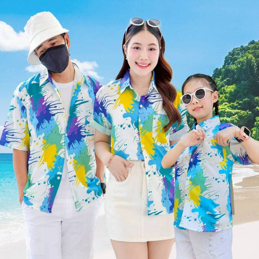 PINK3138 เสื้อฮาวายลายใหม่2025 สาดสี ทรงวัยรุ่น หญิงชายใส่ได้ ผ้าโพลีพรีเมี่ยม ไซส์38-56นิ้ว **1ตัว*